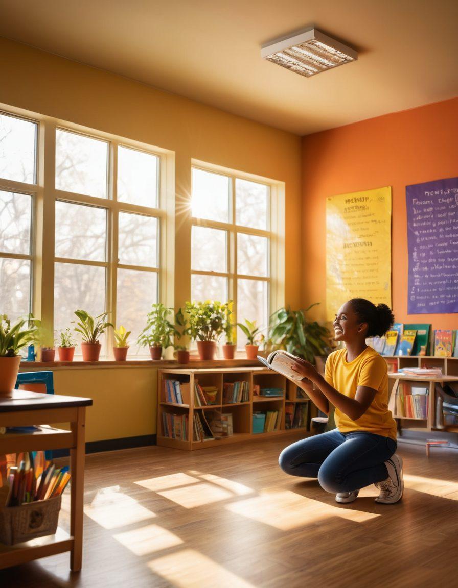 A vibrant classroom scene filled with diverse students engaging joyfully in various educational activities, surrounded by inspiring quotes on the walls about happiness and success. Include a teacher smiling and guiding them, with books, art supplies, and plants to symbolize growth. Sunlight streams through the windows, illuminating the atmosphere of positivity and learning. super-realistic. vibrant colors. high contrast.