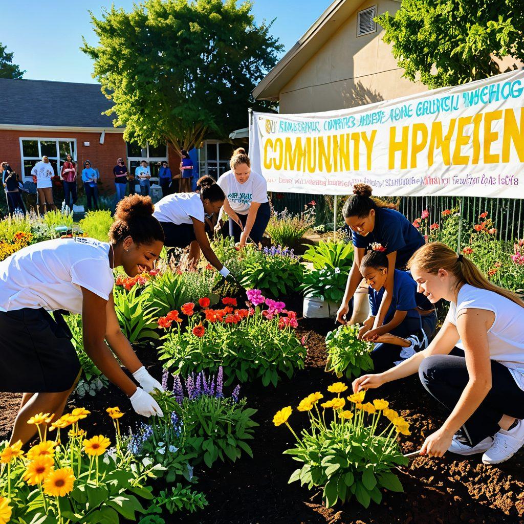 A diverse group of students engaging in a vibrant community garden, surrounded by colorful flowers and plants, with volunteers instructing and celebrating together. In the background, a school building with banners promoting community engagement hangs on the walls. The sun sets in a warm glow, symbolizing hope and a joyful future. super-realistic. vibrant colors. warm tones.